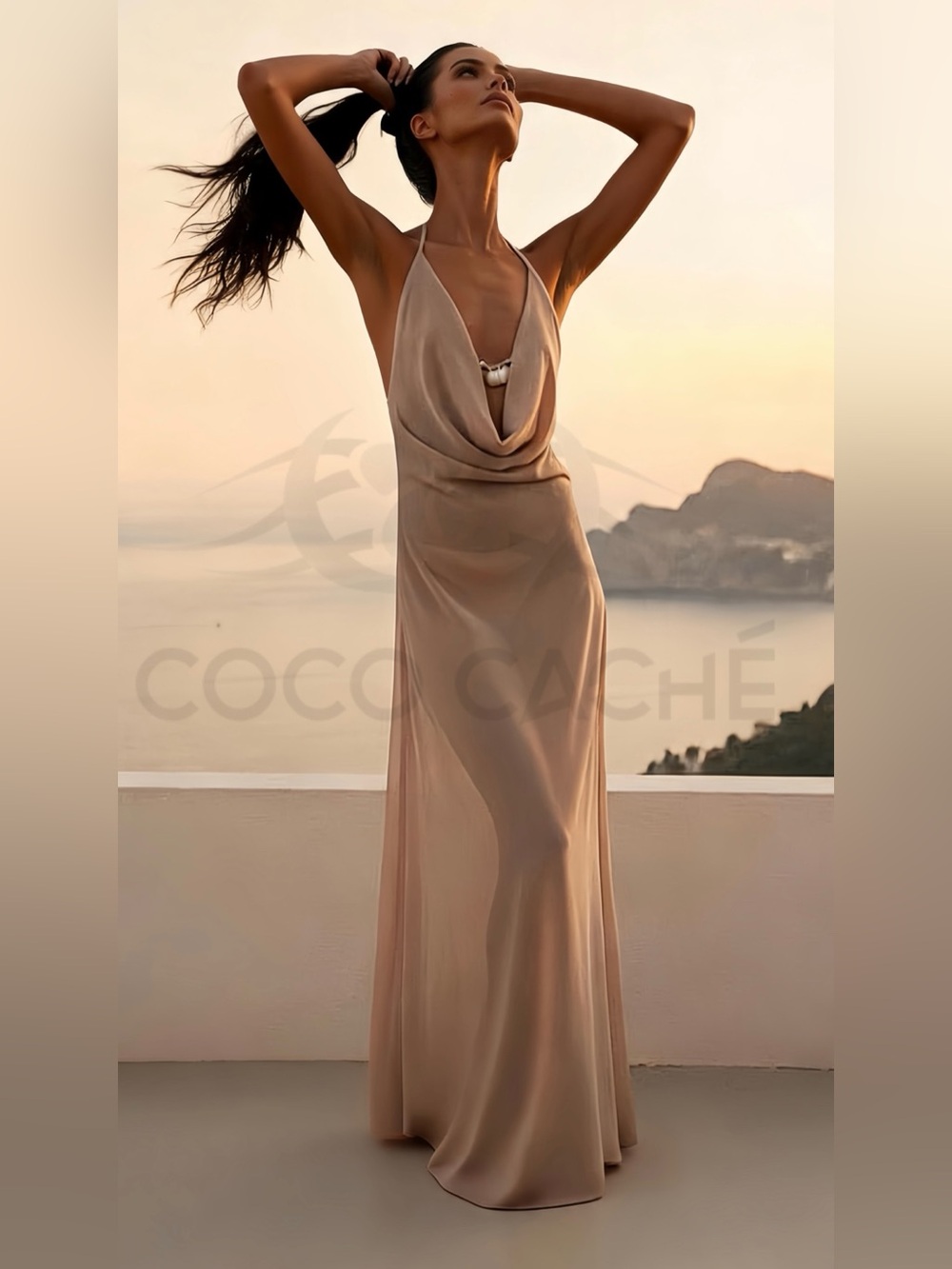Elegant Chiffon Evening Gown Shell Trim Backless Sheer Maxi Dress Cocktail Party - Picture 3 of 14